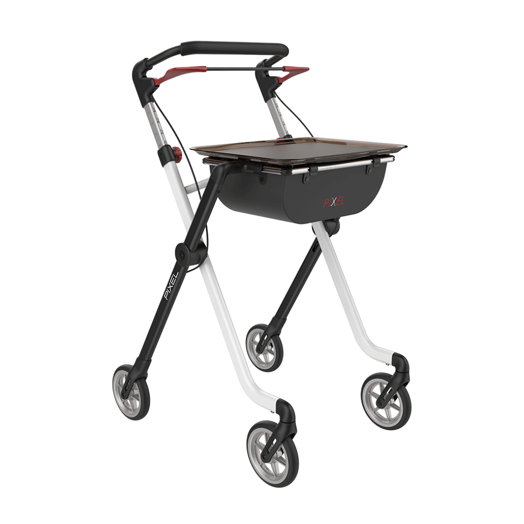 The Rehasense Pixel Indoor Rolling Walker features a black and white frame, four wheels, ergonomic handles, and a brown flat tray over its storage compartment for convenient indoor mobility.