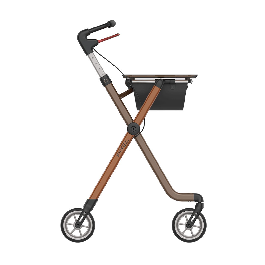 The Rehasense Pixel Indoor Rolling Walker has a stylish brown and black frame, ergonomic handles, large front wheels, smaller back wheels, and a black storage compartment under the seat.
