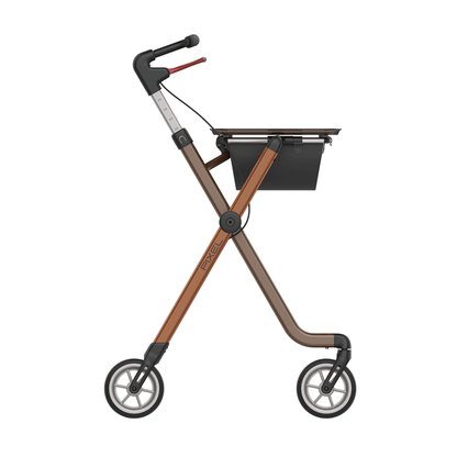 The Rehasense Pixel Indoor Rolling Walker has a stylish brown and black frame, ergonomic handles, large front wheels, smaller back wheels, and a black storage compartment under the seat.