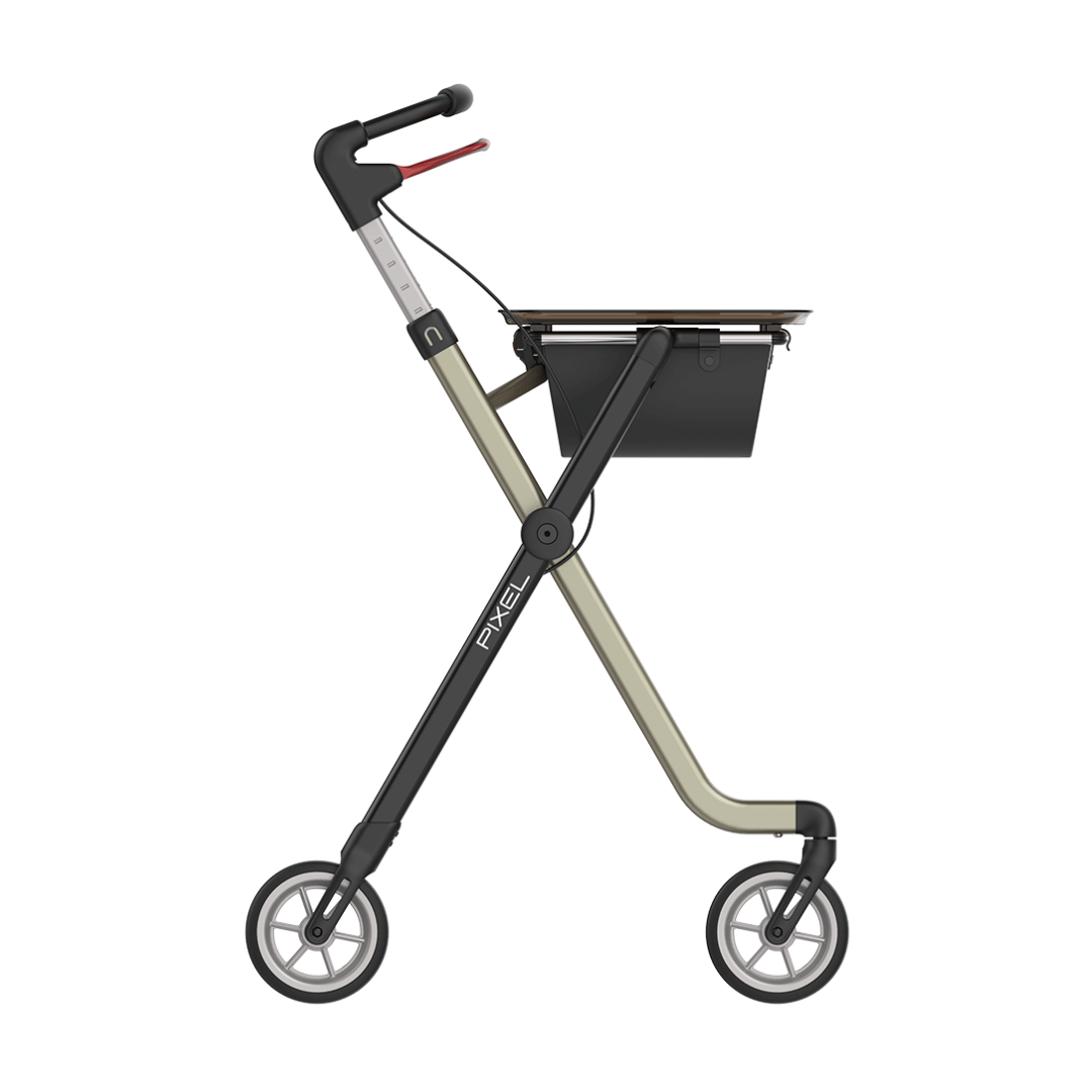 The Rehasense Pixel Indoor Rolling Walker features a black and beige minimalist frame, two large wheels, a flat tray surface, and a small storage compartment below the tray.