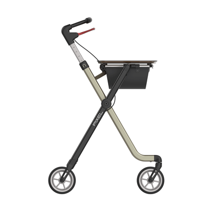 Side view of the Rehasense Pixel Indoor Rolling Walker, featuring a modern black and beige frame, elevated handlebars, two small wheels, and a black storage compartment under a compact seat or tray.