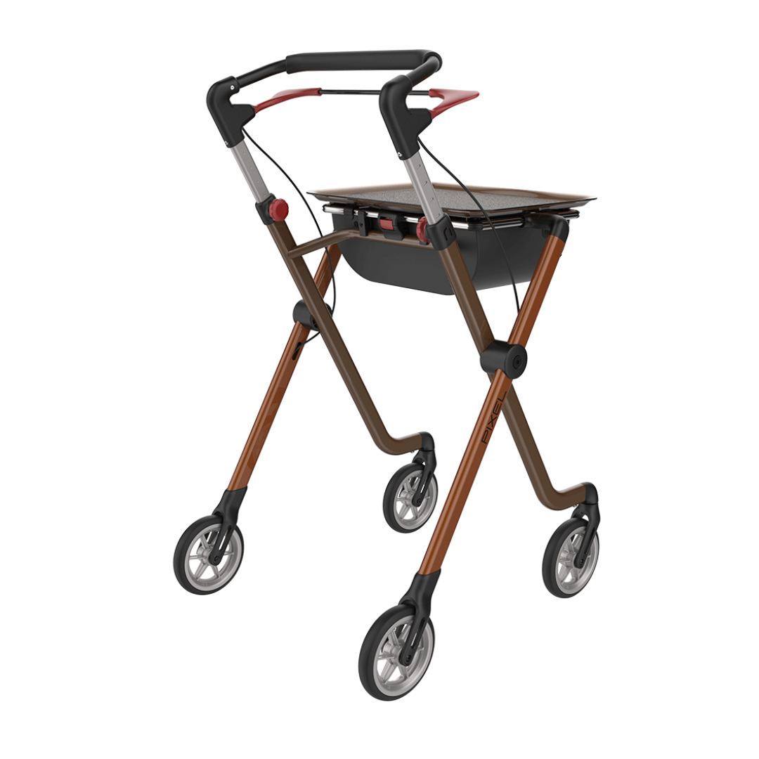 The Rehasense Pixel Indoor Rolling Walker is a modern, lightweight mobility aid with four wheels, a brown frame, black grips, and a built-in tray above the storage compartment—ideal for indoor use.
