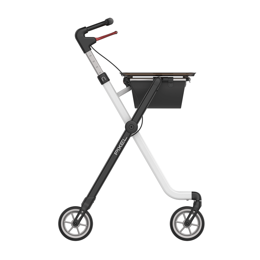 The Rehasense Pixel Indoor Rolling Walker features a modern black and white minimalist design, slim frame, two large rear wheels, two smaller front wheels, and a compact storage compartment under the seat.