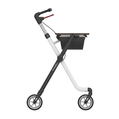 The Rehasense Pixel Indoor Rolling Walker features a modern black and white minimalist design, slim frame, two large rear wheels, two smaller front wheels, and a compact storage compartment under the seat.