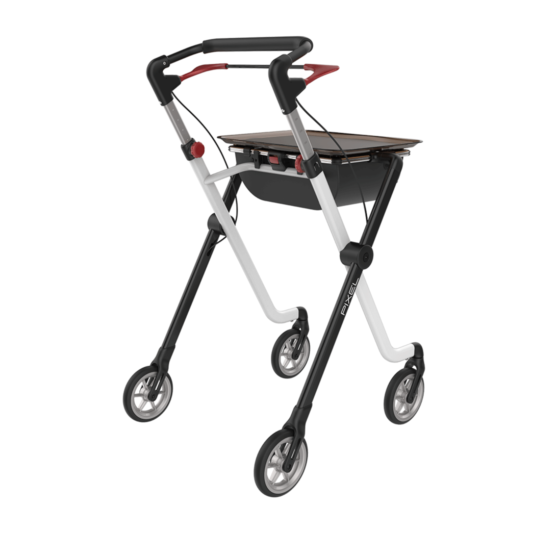 The Rehasense Pixel Indoor Rolling Walker offers a sleek black and white frame, four wheels, ergonomic handles, a tray, and a storage compartment below the tray.