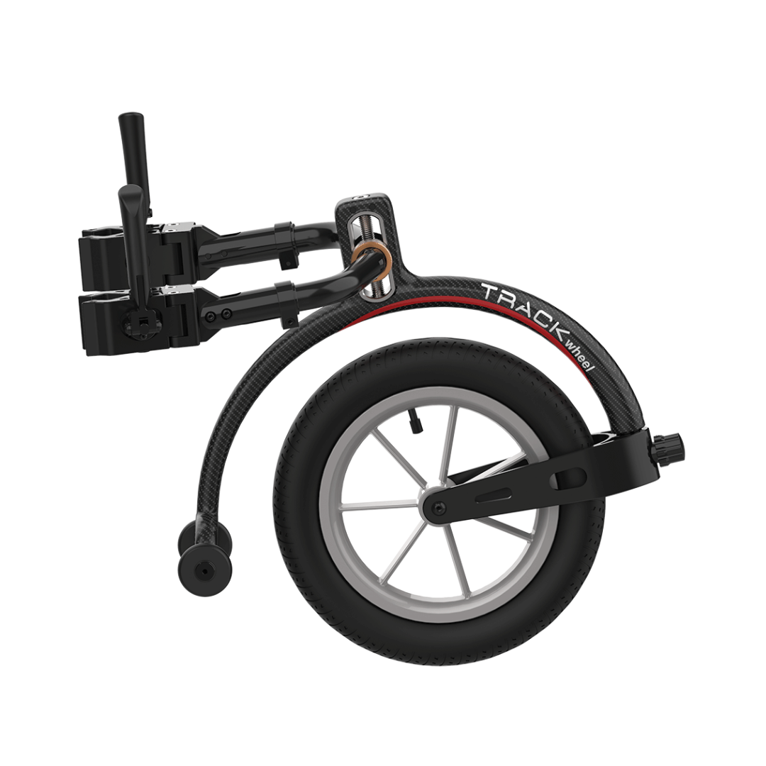 The Rehasense Double Arm Track Wheel - XL 12" Carbon Outdoor Wheel features a folding black carbon frame, silver spokes, and black tire with TRACK WHEEL text—designed to enhance wheelchair mobility and outdoor freedom.
