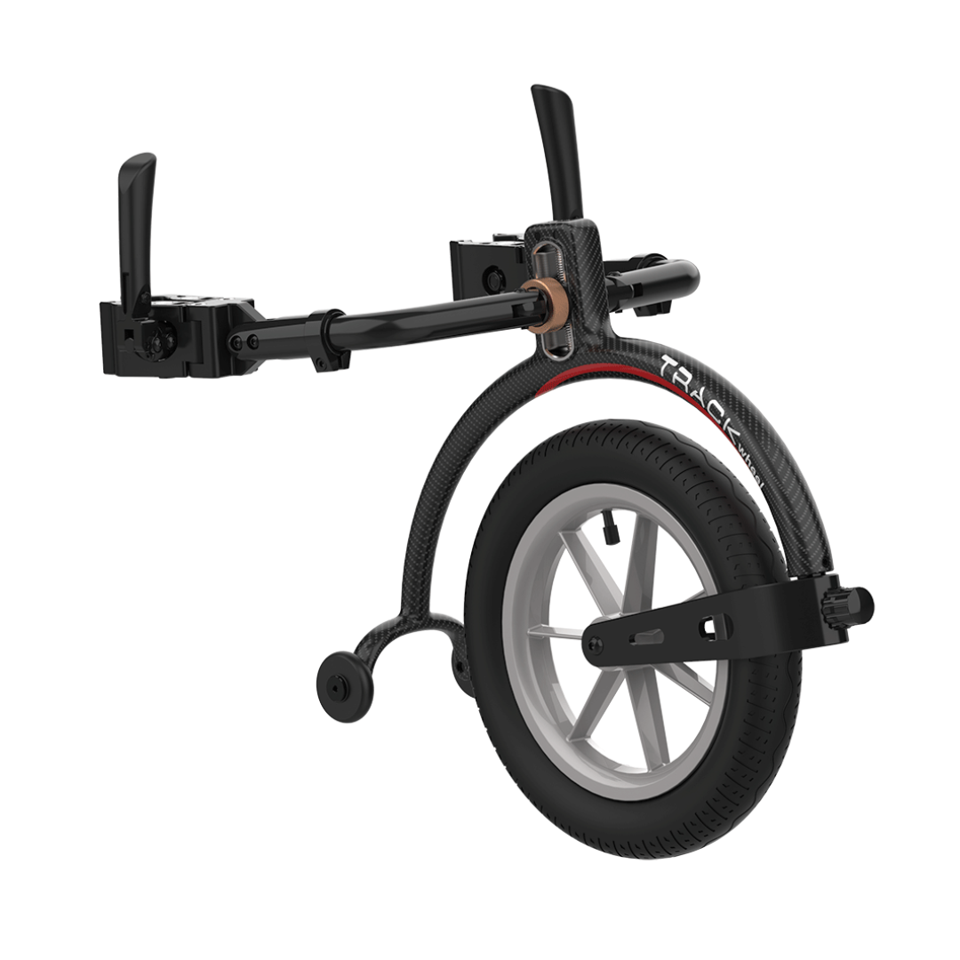 The Rehasense Double Arm Track Wheel - XL 12" Carbon Outdoor Wheel is a detachable black accessory with a tire, carbon fiber frame, and mounting arms that attaches to wheelchairs for better mobility and outdoor freedom.