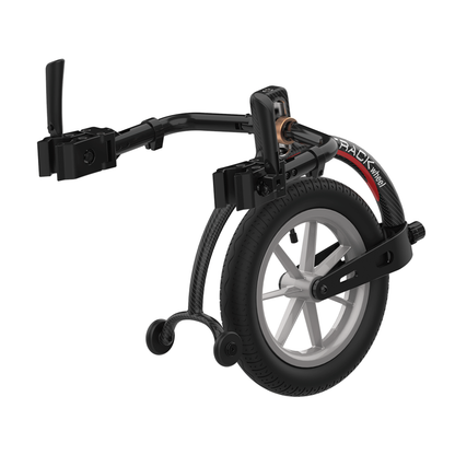 The Rehasense Double Arm Track Wheel - XL 12" Carbon Outdoor Wheel is a single attachable track wheel with a black frame and handle, featuring a large 12" rubber tire for mounting on wheelchairs and enhancing outdoor mobility.