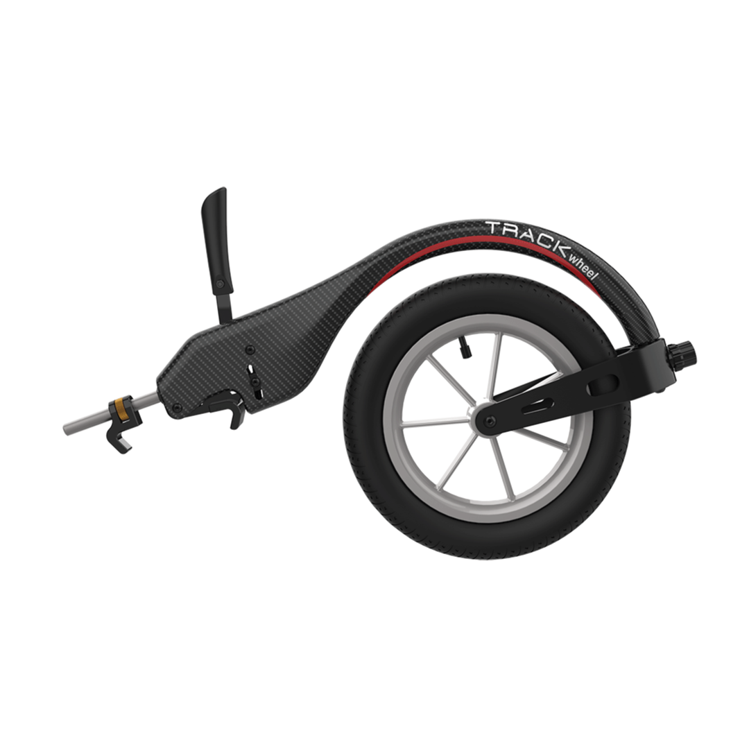 A single black and gray Rehasense Single-Arm Track Wheel - XL 12" Carbon Outdoor Wheel with a curved frame, labeled TRACKWHEEL in white and red, designed to convert a wheelchair for rough terrain or faster travel.