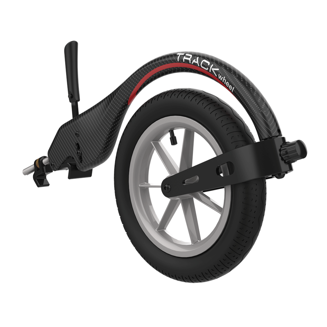 The Rehasense Single-Arm Track Wheel - XL 12" Carbon Outdoor Wheel is a black and gray wheelchair front wheel attachment with a handle and carbon fiber frame. "TRACK wheel" is printed on the arch above the wheel.