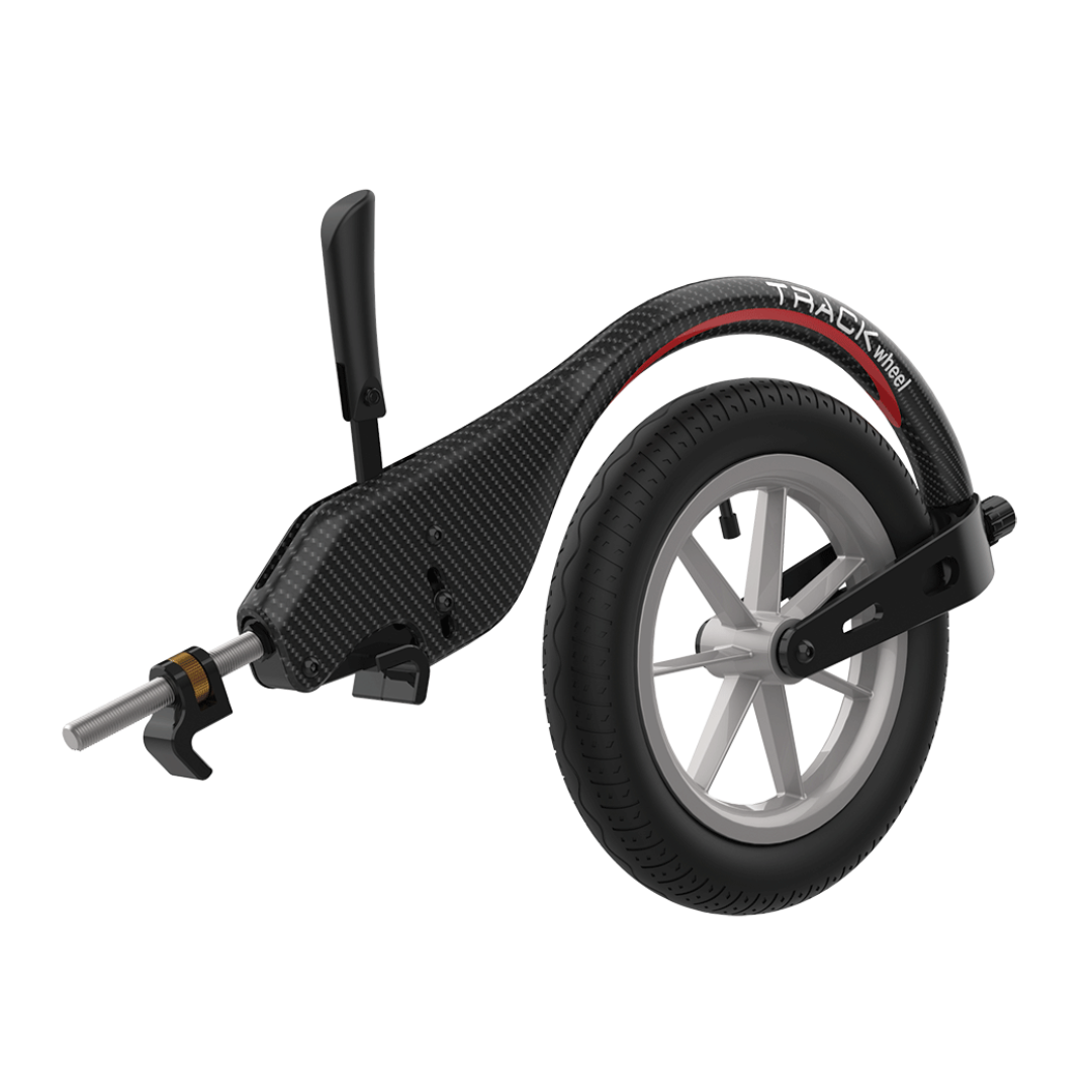 The Rehasense Single-Arm Track Wheel - XL 12" Carbon Outdoor Wheel features a curved frame, black tire, and silver spokes, easily attaching to a wheelchair for enhanced front support and improved outdoor maneuverability.