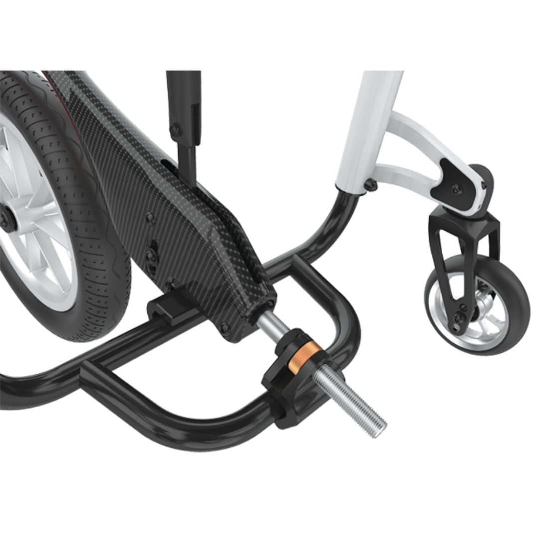 Close-up of a Rehasense Single-Arm Track Wheel - XL 12" Carbon Outdoor Wheel, featuring a large rear wheel, front wheel, and carbon fiber side panel with visible metal axle and adjustment mechanism.
