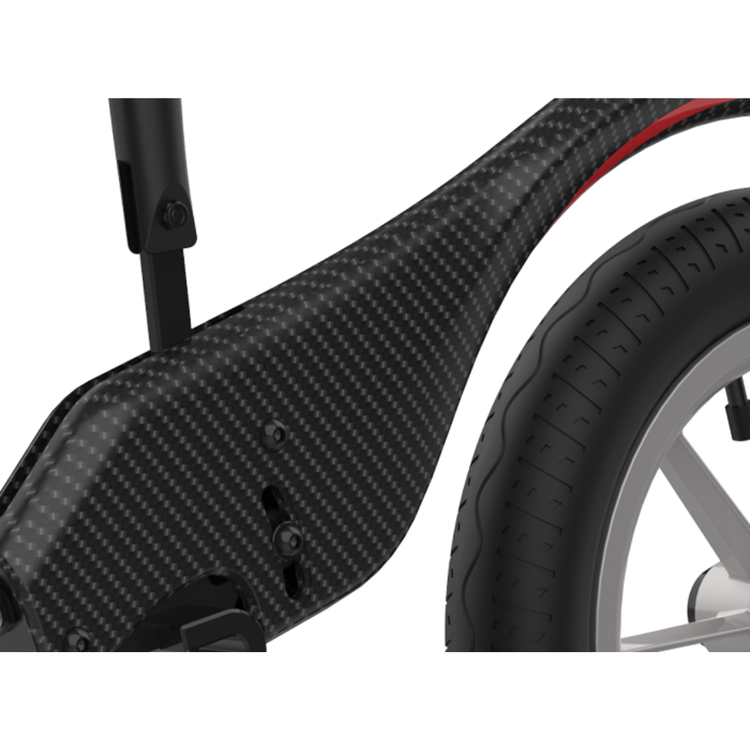 Close-up of the Rehasense Single-Arm Track Wheel - XL 12" Carbon Outdoor Wheel featuring a carbon fiber texture and a large, black, treaded tire. The frame offers a sleek, modern look with a matte finish.