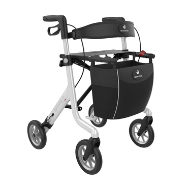 The Rehasense Spark CF Carbon Fiber Ultralight Rollator features four wheels, a black basket, hand brakes, and a sturdy white and black frame, making it an excellent lightweight mobility aid.