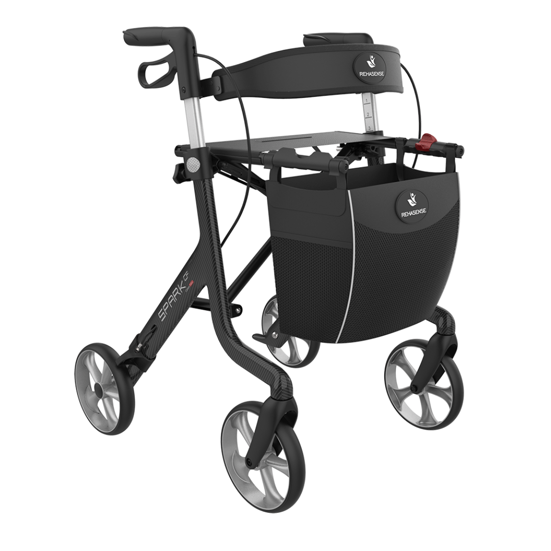 Experience comfort and style with the Rehasense Spark CF Carbon Fiber Ultralight Rollator—a lightweight black and gray mobility aid featuring four wheels, a foldable frame, storage bag, and hand brakes.