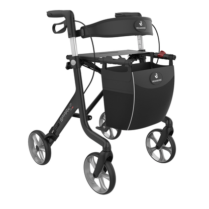Experience comfort and style with the Rehasense Spark CF Carbon Fiber Ultralight Rollator—a lightweight black and gray mobility aid featuring four wheels, a foldable frame, storage bag, and hand brakes.