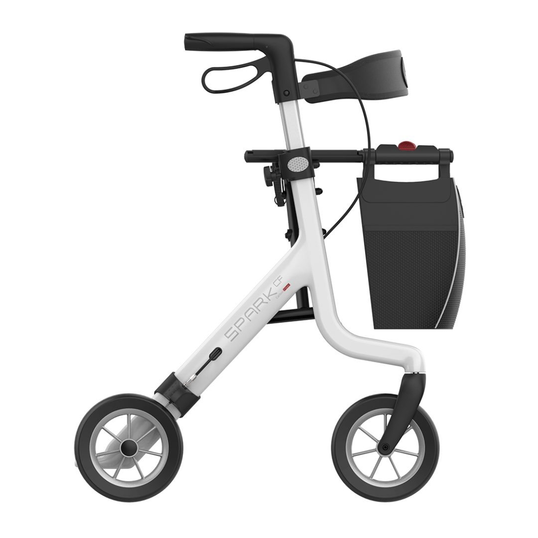 Side view of the Rehasense Spark CF Carbon Fiber Ultralight Rollator in white, featuring three wheels, adjustable handle, front black basket, and a sleek, lightweight design ideal for mobility assistance.