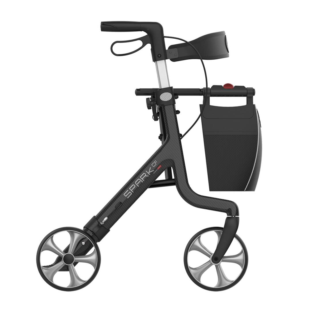 The Rehasense Spark CF Carbon Fiber Ultralight Rollator features a modern black and gray frame, four large wheels, ergonomic handles, built-in brakes, a detachable storage bag, and SPARK branding on the frame.