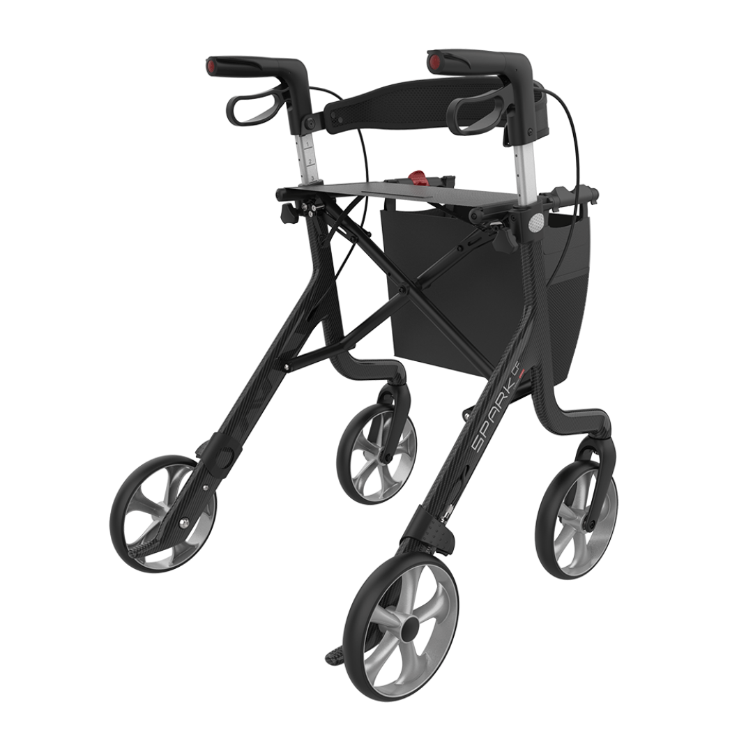 The Rehasense Spark CF Carbon Fiber Ultralight Rollator is a black four-wheeled walker with a seat, ergonomic handles, hand brakes, and a storage bag attached to the frame.