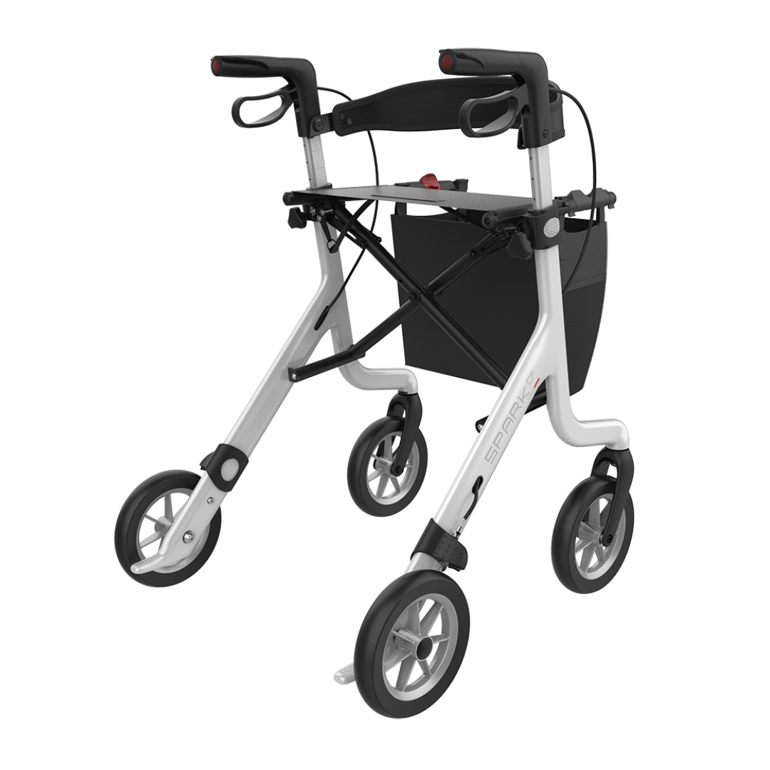 The Rehasense Spark CF Carbon Fiber Ultralight Rollator features a lightweight white frame with black accents, four wheels, hand brakes, a padded seat, and a storage pouch beneath the seat for easy mobility and convenience.