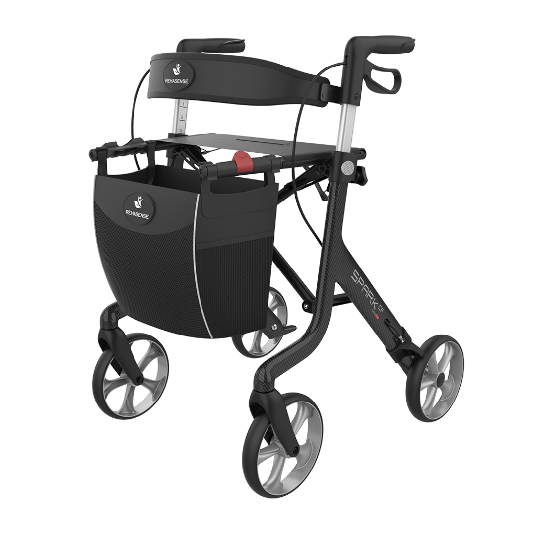 The Rehasense Spark CF Carbon Fiber Ultralight Rollator is a black and gray mobility aid with hand brakes, a front storage bag, and a foldable frame for easy transport.