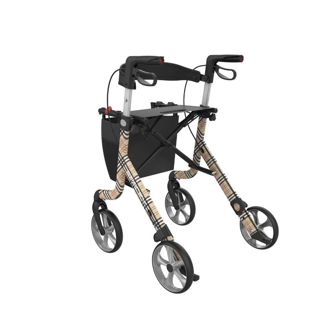The Rehasense Space LX Art Deco Ultralight Rollator, featuring a plaid pattern, four large wheels, ergonomic handles, a black seat, and an underseat storage pouch, is shown against a white background.