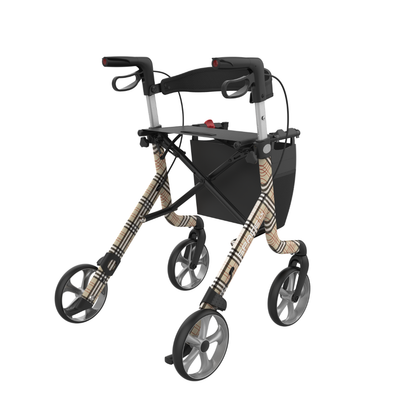 The Rehasense Space LX Art Deco Ultralight Rollator boasts four large wheels, black handles with brakes, storage compartment, sturdy cross-brace frame, and a beige plaid pattern—combining lightweight aluminium design with stylish stability.