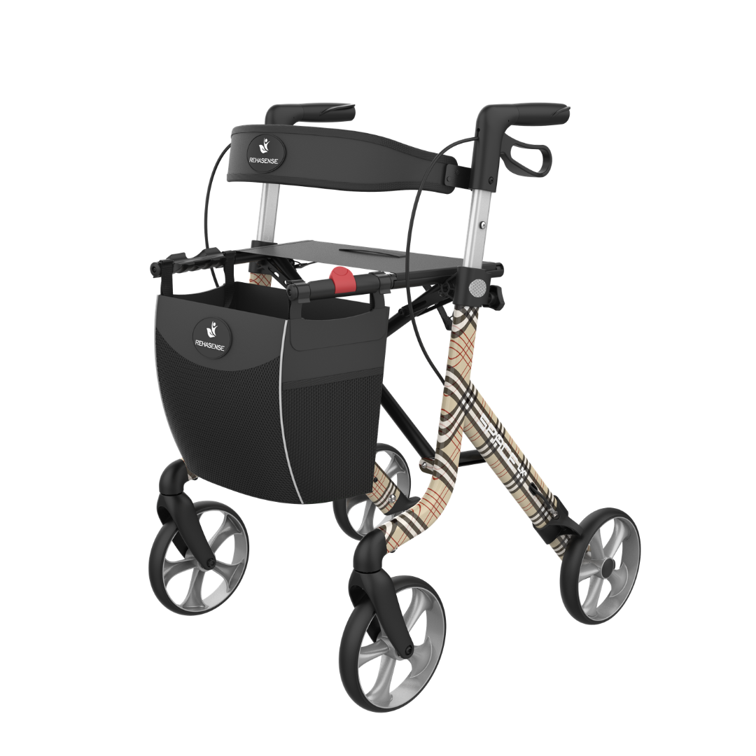 The Rehasense Space LX Designer Ultralight Rollator features a black frame, patterned side supports, ergonomic handles, a built-in seat, four wheels, and comes with a black storage bag.