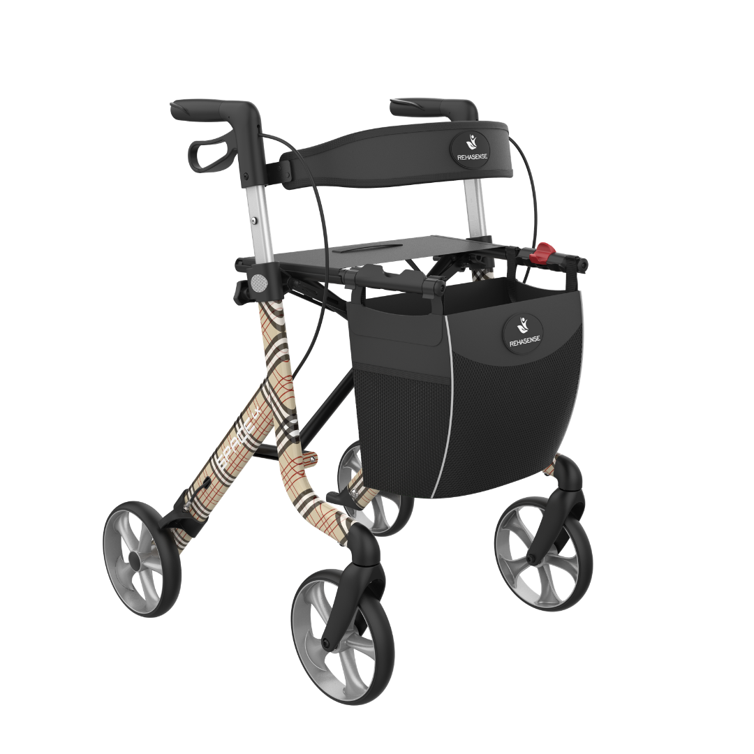 The Rehasense Space LX Art Deco Ultralight Rollator features four wheels, a black frame with a plaid-patterned left side, mesh storage bag, hand brakes, and a foldable seat.
