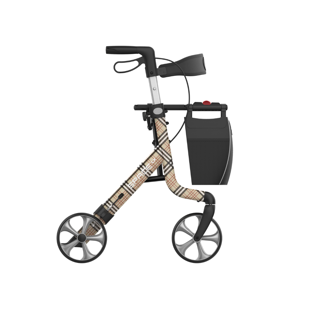 The Rehasense Space LX Art Deco Ultralight Rollator features four large wheels, a plaid-patterned frame, black handlebars with brakes, and a black side storage basket, displayed on a white background.