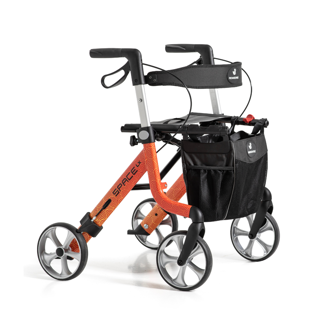 The Rehasense Space LX Art Deco Ultralight Rollator features a modern orange and black design, four large wheels, ergonomic handles, hand brakes, and a black storage bag for enhanced mobility and support.