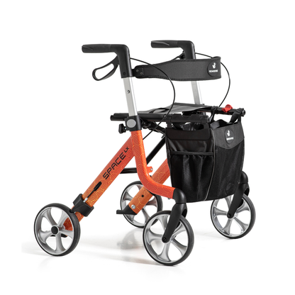 The Rehasense Space LX Art Deco Ultralight Rollator features a modern orange and black design, four large wheels, ergonomic handles, hand brakes, and a black storage bag for enhanced mobility and support.