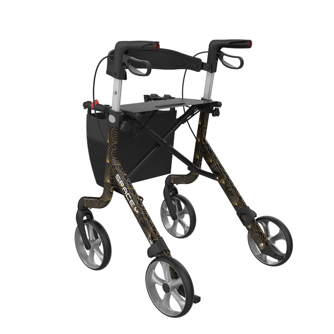 The Rehasense Space LX Art Deco Ultralight Rollator features a lightweight four-wheel frame with a stylish gold metallic pattern, ergonomic handles, and a black storage bag.