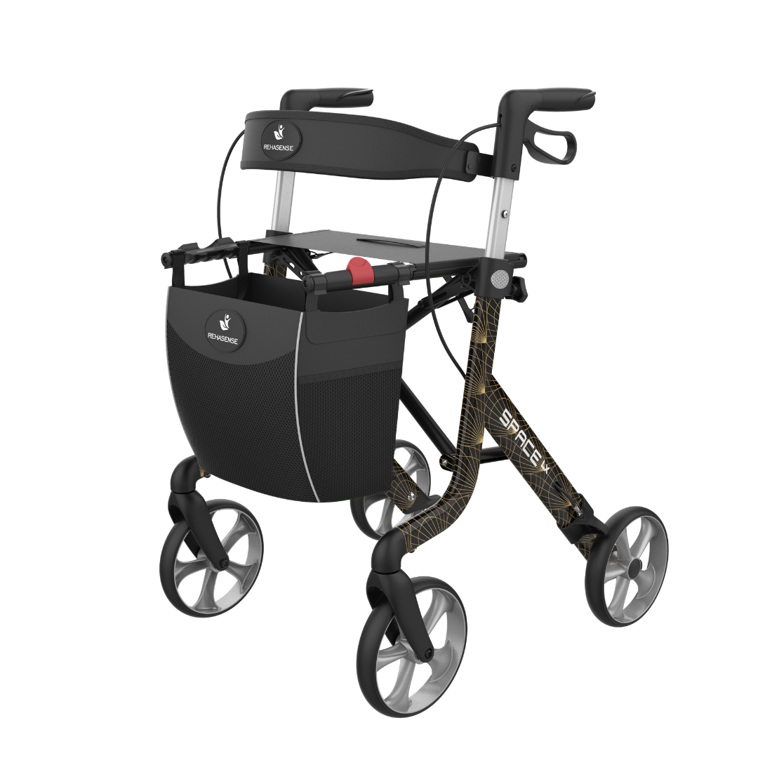 The Rehasense Space LX Art Deco Ultralight Rollator is a modern, lightweight black rollator with four wheels, sturdy frame, ergonomic handles, foldable seat, and detachable front storage bag. The brand and model name appear on the frame.
