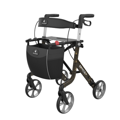 The Rehasense Space LX Art Deco Ultralight Rollator is a modern, lightweight black rollator with four wheels, sturdy frame, ergonomic handles, foldable seat, and detachable front storage bag. The brand and model name appear on the frame.