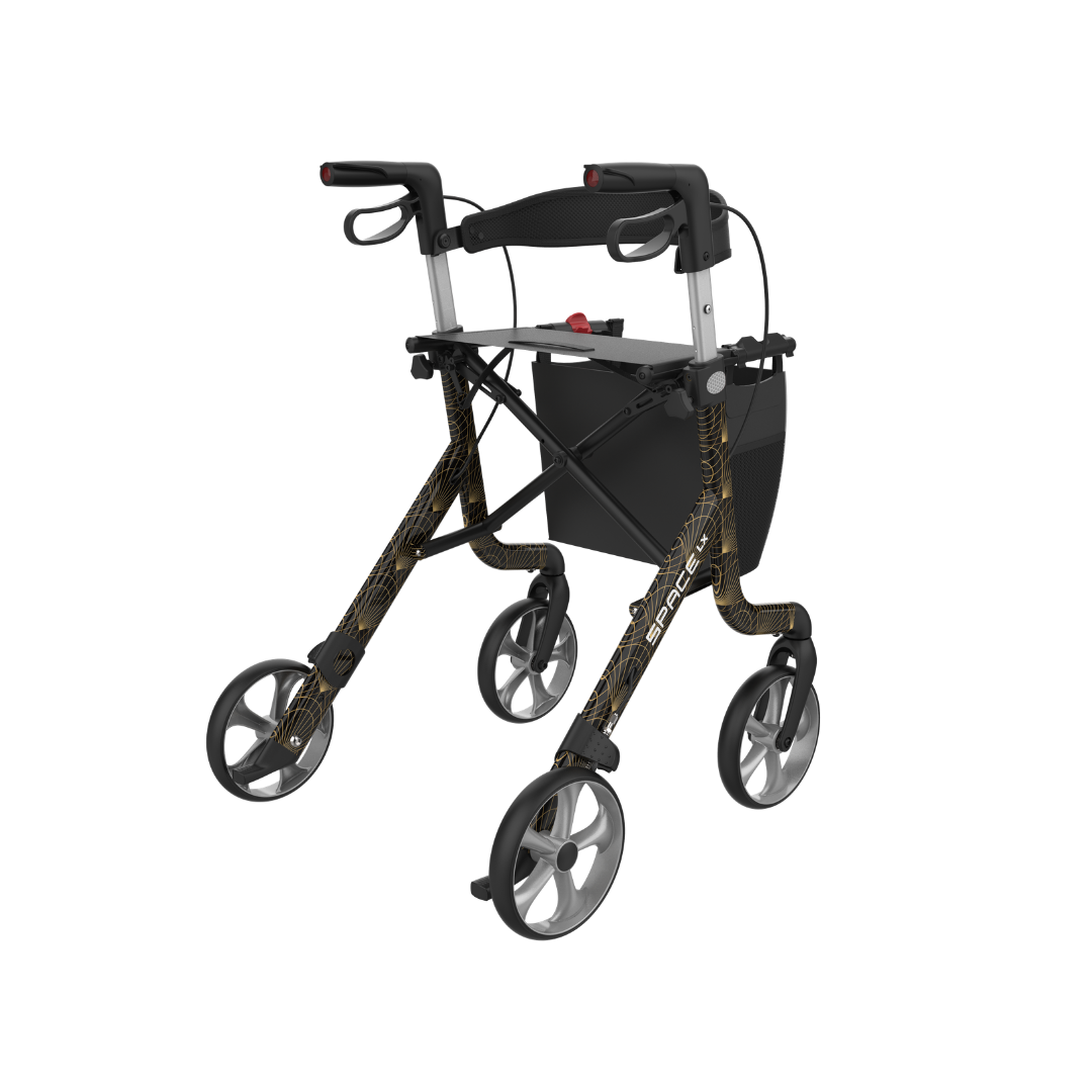 The Rehasense Space LX Art Deco Ultralight Rollator is a black and gold four-wheel walker with hand brakes, adjustable handles, and a storage pouch, shown on a white background.