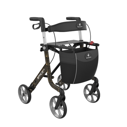 The Rehasense Space LX Art Deco Ultralight Rollator features a black frame with gray accents, four wheels, large front wheels for easy maneuverability, adjustable handles, hand brakes, and a mesh storage bag.