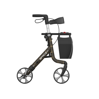 The Rehasense Space LX Art Deco Ultralight Rollator features large wheels, black handles, a side bag, and a SPACE-labeled frame in a sleek black and metallic aluminium finish, elegantly displayed on a white background.