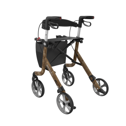 The Rehasense Space LX Art Deco Ultralight Rollator, shown on a white background, features a black frame with leopard print accents, large front wheels, hand brakes, and a storage pouch.