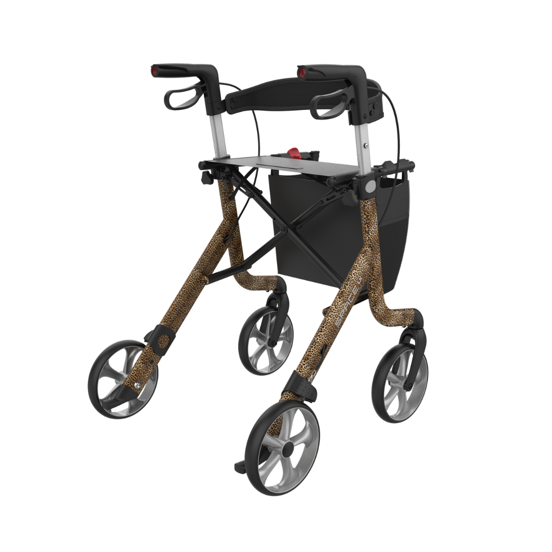 The Rehasense Space LX Art Deco Ultralight Rollator features a leopard print frame, black storage bag, ergonomic handles, and large wheels for easy mobility.