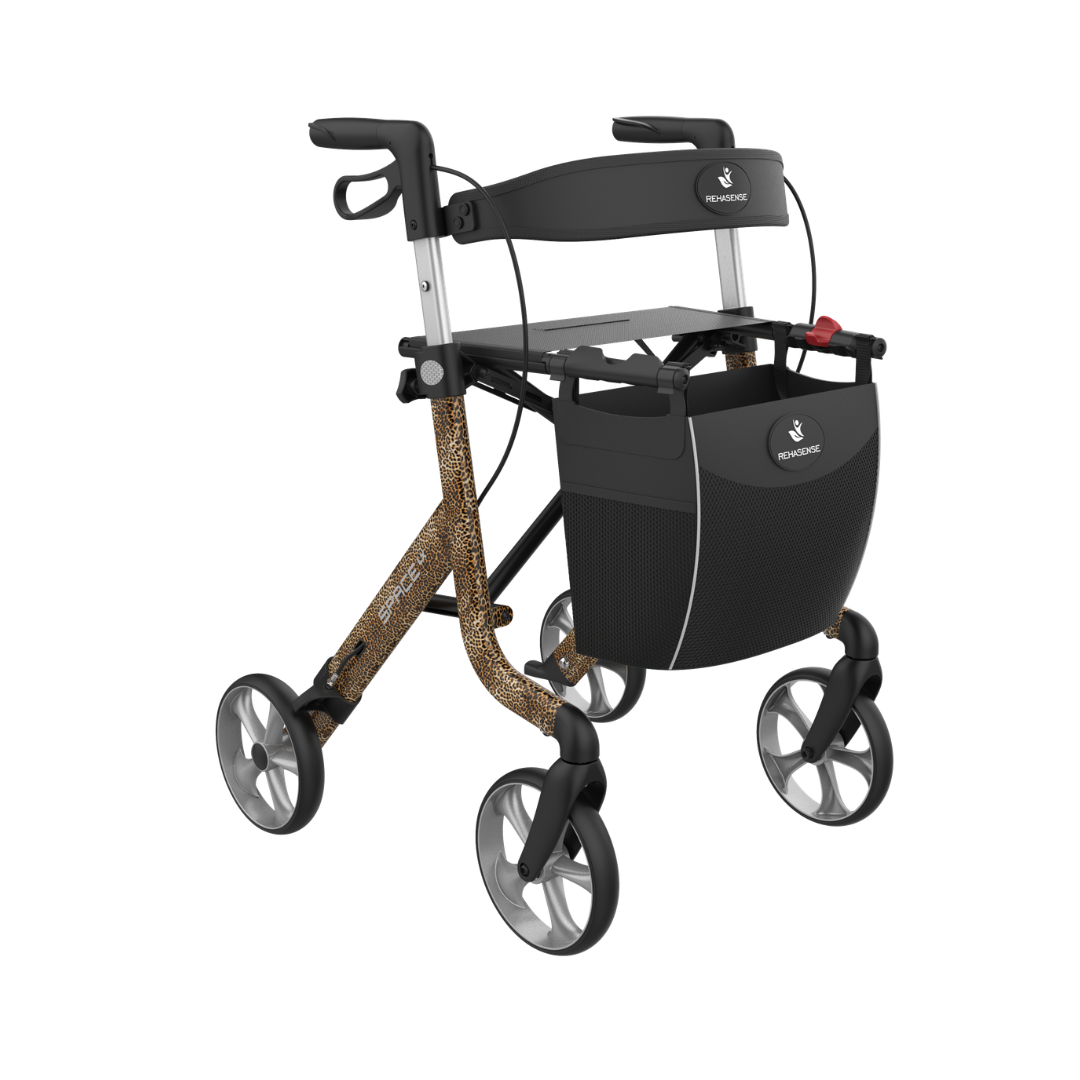 The Rehasense Space LX Art Deco Ultralight Rollator is a four-wheeled walker with a black frame, leopard print accents, a seat, storage basket, and ergonomic handles with hand brakes.