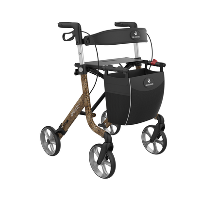 The Rehasense Space LX Art Deco Ultralight Rollator is a four-wheeled walker with a black frame, leopard print accents, a seat, storage basket, and ergonomic handles with hand brakes.