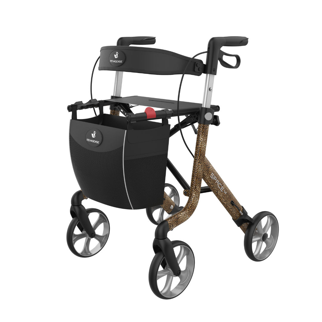 The Rehasense Space LX Art Deco Ultralight Rollator features four wheels, an aluminium lightweight frame with a brown leopard print, ergonomic handles, a black seat, and a black storage bag.