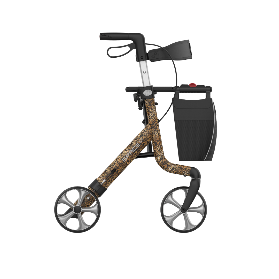 The Rehasense Space LX Art Deco Ultralight Rollator features a cheetah print aluminum frame, black handles, large gray wheels, and includes a black side bag.