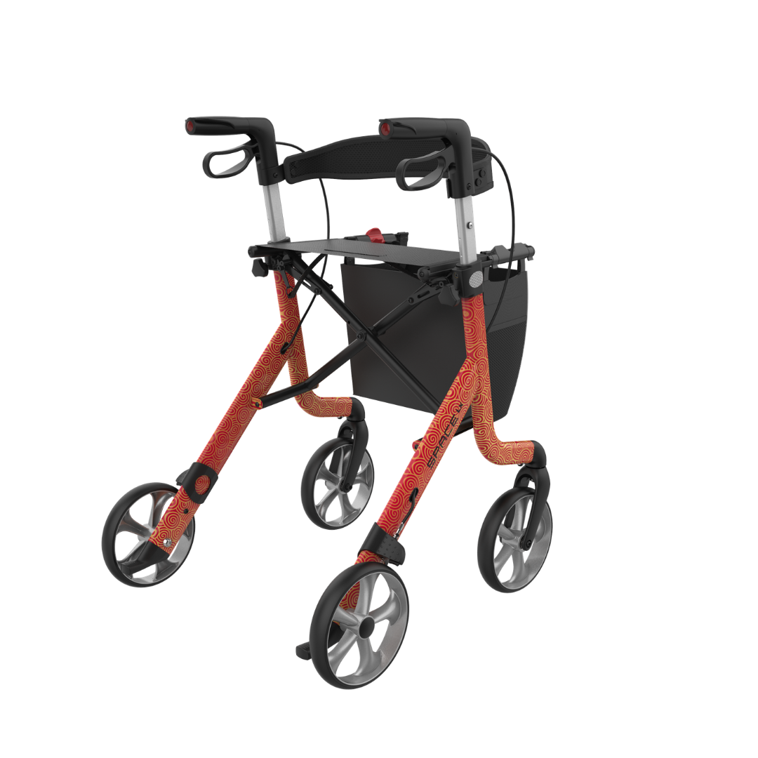 The Rehasense Space LX Art Deco Ultralight Rollator is a lightweight red and black aluminium mobility aid with four wheels, hand brakes, a seat, and a storage pouch beneath the seat for convenient assistance.