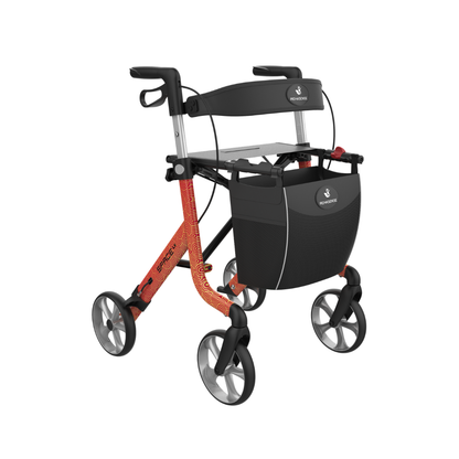 The Rehasense Space LX Art Deco Ultralight Rollator is a lightweight, four-wheeled aluminium rollator featuring ergonomic handles, a black seat, orange side frame, and a detachable black storage bag on the front.