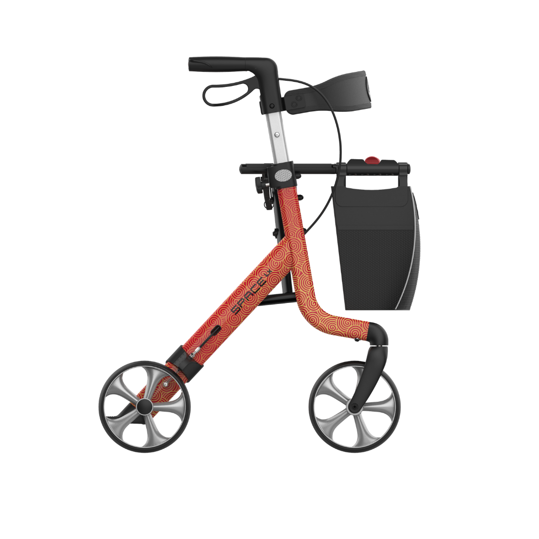 The Rehasense Space LX Art Deco Ultralight Rollator features a modern curved orange frame with a circular pattern, large front and back wheels, a black seat, and a detachable black storage bag.