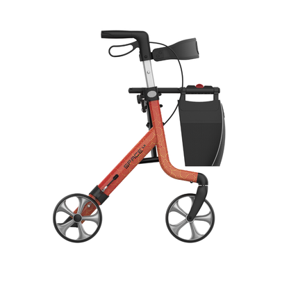 The Rehasense Space LX Art Deco Ultralight Rollator features a modern curved orange frame with a circular pattern, large front and back wheels, a black seat, and a detachable black storage bag.