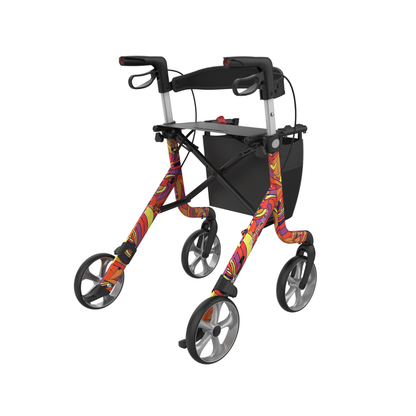 The Rehasense Space LX Art Deco Ultralight Rollator features a vibrant multicolored abstract frame, black seat, storage bag, and four large wheels—crafted from lightweight aluminum for easy mobility.