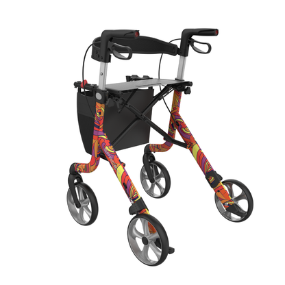 The Rehasense Space LX Art Deco Ultralight Rollator is a four-wheeled walker with an aluminum frame featuring a vibrant red and yellow swirl design, black handles, a comfortable seat, and a storage pouch beneath the seat.